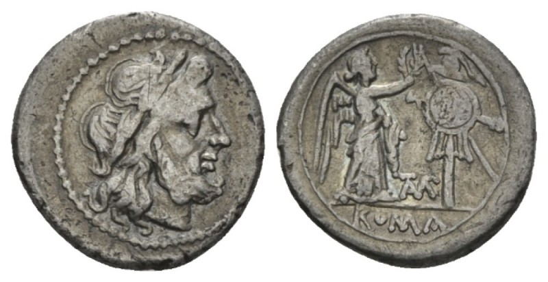 Matienus Victoriatus circa 179-170, AR 16.5mm., 2.44g. Laureate head of Jupiter ...