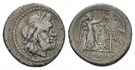 Matienus Victoriatus circa 179-170, AR 16.5mm., 2.44g. Laureate head of Jupiter r. Rev. Victory crowning trophy; in lower centre field, MAT ligate and...