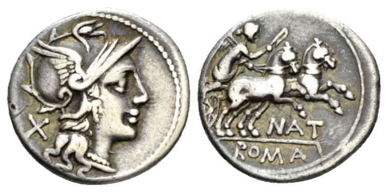 Pinarius Natta. Denarius circa 155, AR 18.5mm., 3.63g. Helmeted head of Roma r.;...