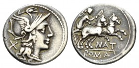 Pinarius Natta. Denarius circa 155, AR 18.5mm., 3.63g. Helmeted head of Roma r.; behind, X. Rev. Victory in prancing biga r.; below, NAT and ROMA in t...