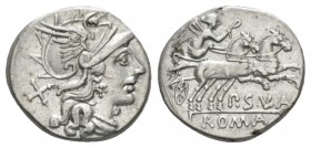 P. Cornelius Sulla. Denarius circa 151, AR 18.5mm., 3.82g. Helmeted head of Roma r.; behind, X. Rev. Victory in prancing biga r.; below, P·SVLA and RO...