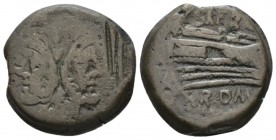 As circa 150, Æ 27.5mm., 24.06g. Laureate head of Janus; above, mark of value. Rev. Prow r.; above, SAFRA. Before, dolphin and below, ROMA. Babelon Af...