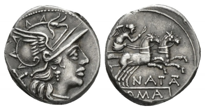 Pinarius Natta. Denarius circa 149, AR 17.5mm., 3.80g. Helmeted head of Roma r.;...