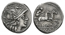 Pinarius Natta. Denarius circa 149, AR 17.5mm., 3.80g. Helmeted head of Roma r.; behind, X. Rev. Victory in biga r., holding reins and whip; below, NA...