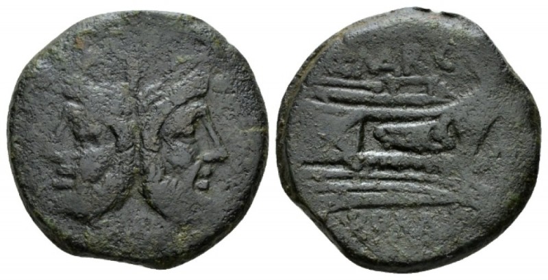 Q. Marcius Libo As circa 148, Æ 29mm., 19.40g. Laureate head of Janus; above, ma...