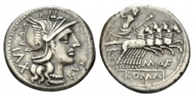 M. Aufidius Rusticus. Denarius circa 140, AR 19.5mm., 3.76g. Helmeted head of Roma r.; behind, XVI and below chin, RVS. Rev. Jupiter in fast quadriga ...