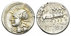 M. Baebius Q.f. Tampilus. Denarius circa 137, AR 18.5mm., 3.81g. Helmeted head of Roma l., wearing necklace of beads; below chin, X. Behind, TAMPIL. R...