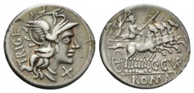 C. Curatius f. Tregeminus Denarius circa 135, AR 20mm., 3.70g. Helmeted head of Roma r.; below chin, X. Behind, TRIGE. Rev. Juno in quadriga r., holdi...