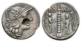 Ti. Minucius c. f Augurinus. Denarius circa 134, AR 19mm., 3.30g. Helmeted head of Roma r.; behind, Ú. Rev. TI·MINVCI C F – AVGVRINI Two figures at si...