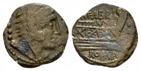 M. Fabrinus. Quadrans circa 132, Æ 17.5mm., 3.13g. Head of Hercules r., wearing lion's skin; behind, three pellets. Rev. M·FABRI / NI Prow r.; before,...