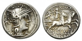 Sex. Iulius Caesar. Denarius circa 129, AR 18mm., 3.94g. Helmeted head of Roma r.; behind, anchor and below chin, *. Rev. ROMA Venus in prancing biga ...