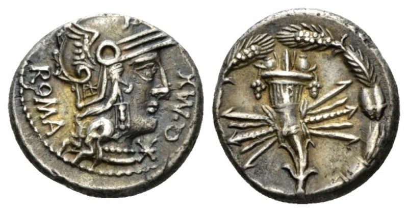 Q. Max. Denarius circa 127, AR 18mm., 3.86g. Helmeted head of Roma r.; below chi...