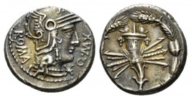 Q. Max. Denarius circa 127, AR 18mm., 3.86g. Helmeted head of Roma r.; below chin, *. Rev. Cornucopiae on thunderbolt within wreath of ear of barley a...