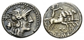 C. Cassius Longinus. Denarius circa 126, AR 18.5mm., 3.92g. Helmeted head of Roma r.; behind, * / voting-urn. Rev. Libertas in quadriga r., holding re...