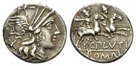 C. Plautius. Denarius circa 121, AR 18.5mm., 3.84g. Helmeted head of Roma r.; behind, X. Rev. The Dioscuri galloping r.; below, C·PLVTI and ROMA in pa...