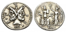 M. Furius L.f. Philus. Denarius circa 121, AR 20mm., 3.84g. M·FOVRI·L·F Laureate head of Janus. Rev. Roma standing l., wearing Corinthian helmet and h...