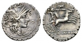 L. Licinius Crassus, Cn. Domitius Ahenobarbus and associates. Denarius Searratus Narbo circa 118, AR 19mm., 3.88g. L·COSCO·M·F Helmeted head of Roma r...