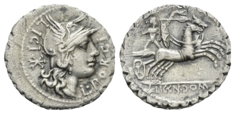 L. Porcius Licinius, Licinius Crassus and Cn. Domitius Ahenobarbus. Denarius ser...