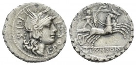 L. Porcius Licinius, Licinius Crassus and Cn. Domitius Ahenobarbus. Denarius serratus Narbo circa 118, AR 21mm., 3.61g. L·PORCI – LICI Helmeted head o...