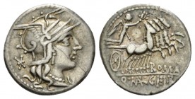 Q. Marcius, C. Fabius and L. Roscius Denarius circa 118 or 117, AR 19.5mm., 3.85g. Helmeted head of Roma r.; behind, *. Rev. Victory in prancing quadr...