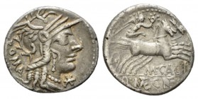 M. Calidius, Q. Metellus and Cn. Fulvius Denarius 117 or 116, AR 19.5mm., 3.80g. Helmeted head of Roma r.; behind, *. Rev. Victory in prancing quadrig...