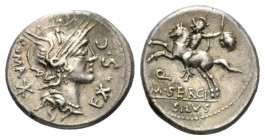 M. Sergius Silus. Denarius circa 116 or 115, AR 19mm., 3.94g. Helmeted head of Roma r.; behind, ROMA * and before, EX·S·C. Rev. Horseman l., holding s...