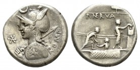 P. Licinius Nerva. Denarius circa 113 or 112, AR 17.5mm., 3.80g. Helmeted bust of Roma l., holding shield in l. hand and spear over shoulder in r.; in...