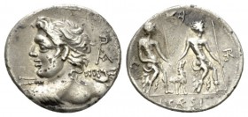 Denarius circa 112 or 111, AR 20.5mm., 3.84g. Bust of Apollo l. seen from behind, holding thunderbolt in upraised r. hand; in r. field, ROMA in monogr...