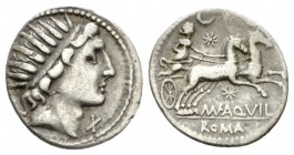 Mn. Aquillius. Denarius circa 109 or 108, AR 19mm., 3.74g. Head of Sol r., before, X. Rev. Luna in biga r., holding reins with both hands; above , thr...