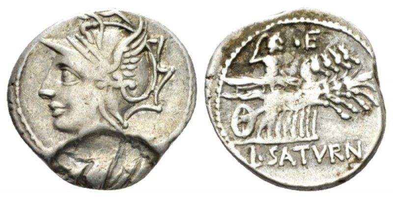 L. Appuleius Saturninus. Denarius circa 104, AR 20mm., 3.68g. Helmeted head of R...