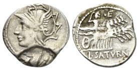 L. Appuleius Saturninus. Denarius circa 104, AR 20mm., 3.68g. Helmeted head of Roma l. Rev. Saturn in quadriga r., holding reins and harpa; below hors...