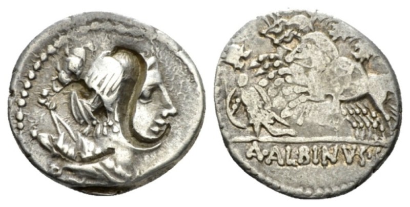 A. Postumius Albinus Sp.f. Denarius circa 96(?), AR 19mm., 3.77g. Diademed head ...