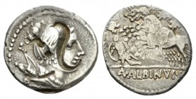 A. Postumius Albinus Sp.f. Denarius circa 96(?), AR 19mm., 3.77g. Diademed head of Diana r., bow and quiver on shoulder; below, ROMA. Rev. Three horse...