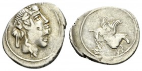 Q. Titius. Denarius circa 90, AR 22.5mm., 3.64g. Ivy-wreathed head of Bacchus r. Rev. Pegasus prancing r.; below, Q·TITI in linear frame. Babelon Titi...