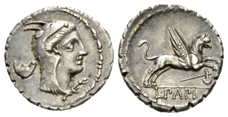 Denarius circa 79, AR 19mm., 3.87g. Head of Juno Sospita right, wearing goat's s...