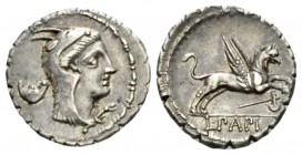 Denarius circa 79, AR 19mm., 3.87g. Head of Juno Sospita right, wearing goat's skin; behind, pelta. Rev. Griffin leaping r.; behind, Gallic war axe. I...