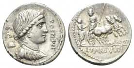 L. Farsuleius Mensor. Denarius circa 75, AR 19mm., 3.96g. MENSOR Diademed and draped bust of Libertas r.; behind, S·C / pileus. Rev. Warrior holding s...