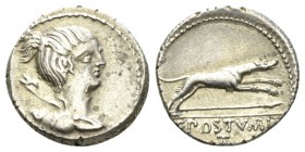 C. Postumius At or Ta. Denarius circa 74, AR 18.5mm., 4.01g. Draped bust of Diana r., bow and quiver over shoulder. Rev. Hound running r.; below, spea...