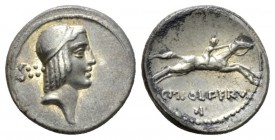 C. Calpurnius L.f. Frugi. Denarius circa 67, AR 18.5mm., 3.79g. Head of Apollo r., hair bound with fillet; behind, S::·. Rev. Horseman galloping r.; a...