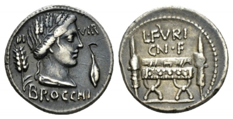 L. Furius Cn.f. Brocchus. Denarius circa 63, AR 18.5mm., 3.89g. Head of Ceres r....