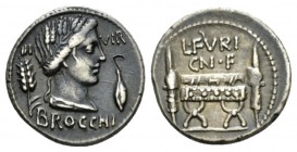 L. Furius Cn.f. Brocchus. Denarius circa 63, AR 18.5mm., 3.89g. Head of Ceres r.; behind, corn ear and III; before, barley grain and VIR; below, BROCC...