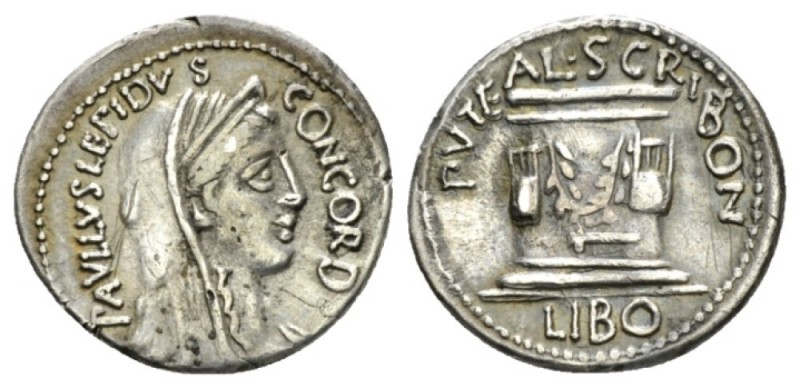 Paullus Aemilius Lepidus and L. Scribonius Libo. Denarius circa 62, AR 20mm., 3....