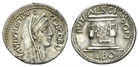 Paullus Aemilius Lepidus and L. Scribonius Libo. Denarius circa 62, AR 20mm., 3.11g. PAVLLVS LEPIDVS – CONCORD Diademed and veiled head of Concordia r...