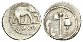 Iulius Caesar. Denarius mint moving with Caesar 49-48., AR 19mm., 3.386g. Pontifical emblems: culullus, aspergillum, axe and apex. Rev. Elephant r., t...