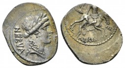 A. Licinius Nerva. Denarius circa 47, AR 18mm., 3.63g. Laureate head of Fides r.; before FIDES; behind, NERVA. Rev. Horseman galloping r., with r. han...