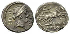 L. Flaminius Chilo. Denarius circa 43, AR 18mm., 3.37g. Denarius 43, AR 4.13 g. IIII·VIR – PRI·FL Diademed head of Venus r. Rev. Victory in prancing b...