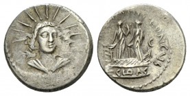 L. Mussidius Longus. Denarius circa 42, AR 18mm., 3.88g. Radiate and draped bust of Sol facing three-quarters r. Rev. L·MVSSIDIVS· LONGVS Shrine of Ve...