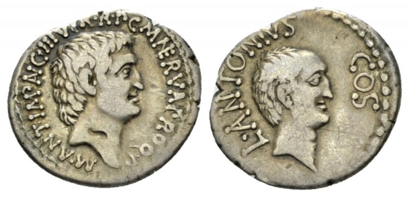 M. Antonius, L. Antonius and L. Cocceius Nerva. Denarius mint moving with M. Ant...