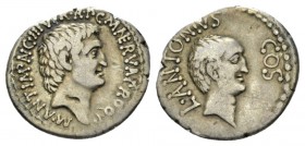 M. Antonius, L. Antonius and L. Cocceius Nerva. Denarius mint moving with M. Antonius 41, AR 20mm., 3.69g. M ANT IMP AVG III VIR R P C M NERVA PROQ P ...