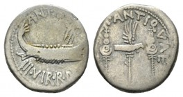 Marcus Antonius. Denarius mint moving with M. Antony 32-31, AR 16.5mm., 3.66g. ANT AVG – III·VIR·R·P·C Galley r., with sceptre tied with fillet on pro...